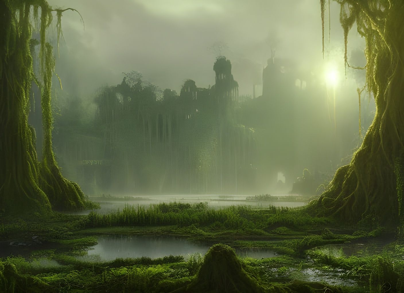 Epic Swamp Landscape with Drowned Ruins