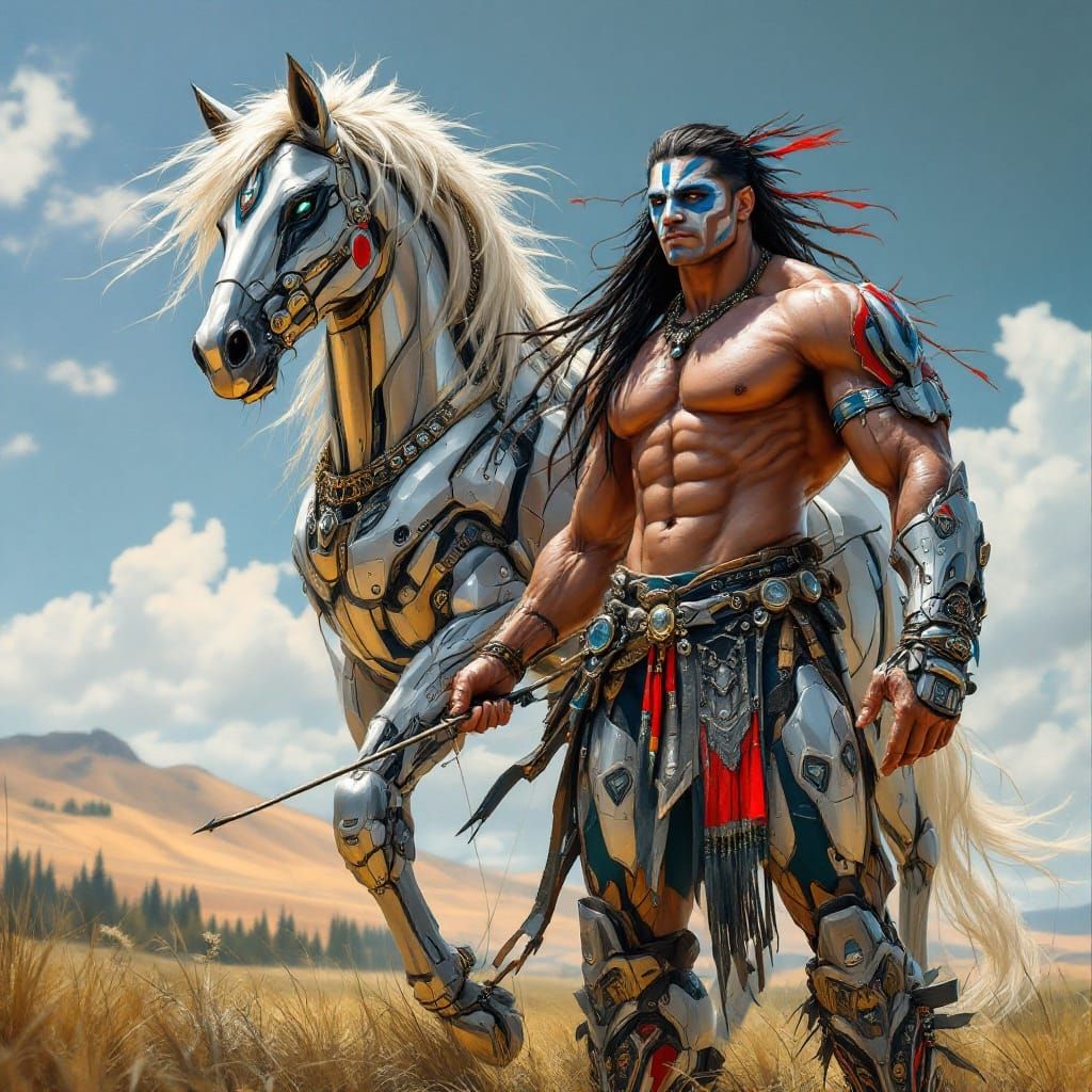 Cherokee Warrior Stands Proud Beside Majestic Mecha Stallion...