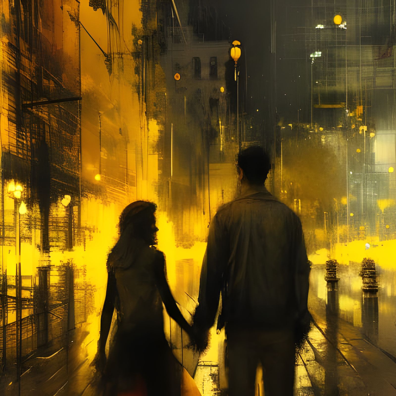 Couple Holding Hands in City at Night
