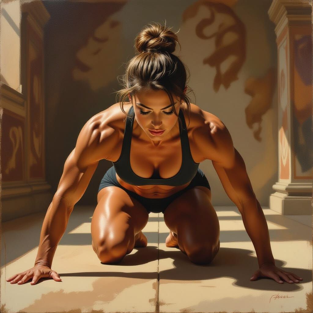Renaissance Athletic Woman Doing Push-Ups in Gym