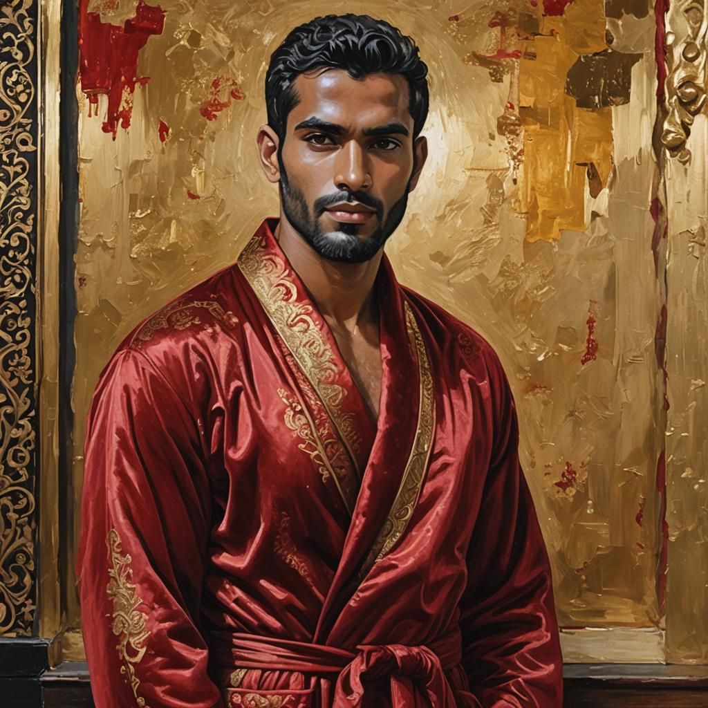 Sri Lankan Man in Red Bathrobe: Impressionist Oil Painting