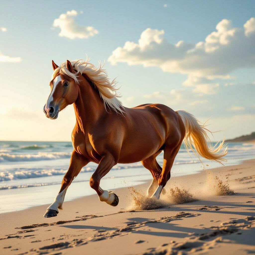 Majestic Chestnut Horse Gallops on Sunlit Beach