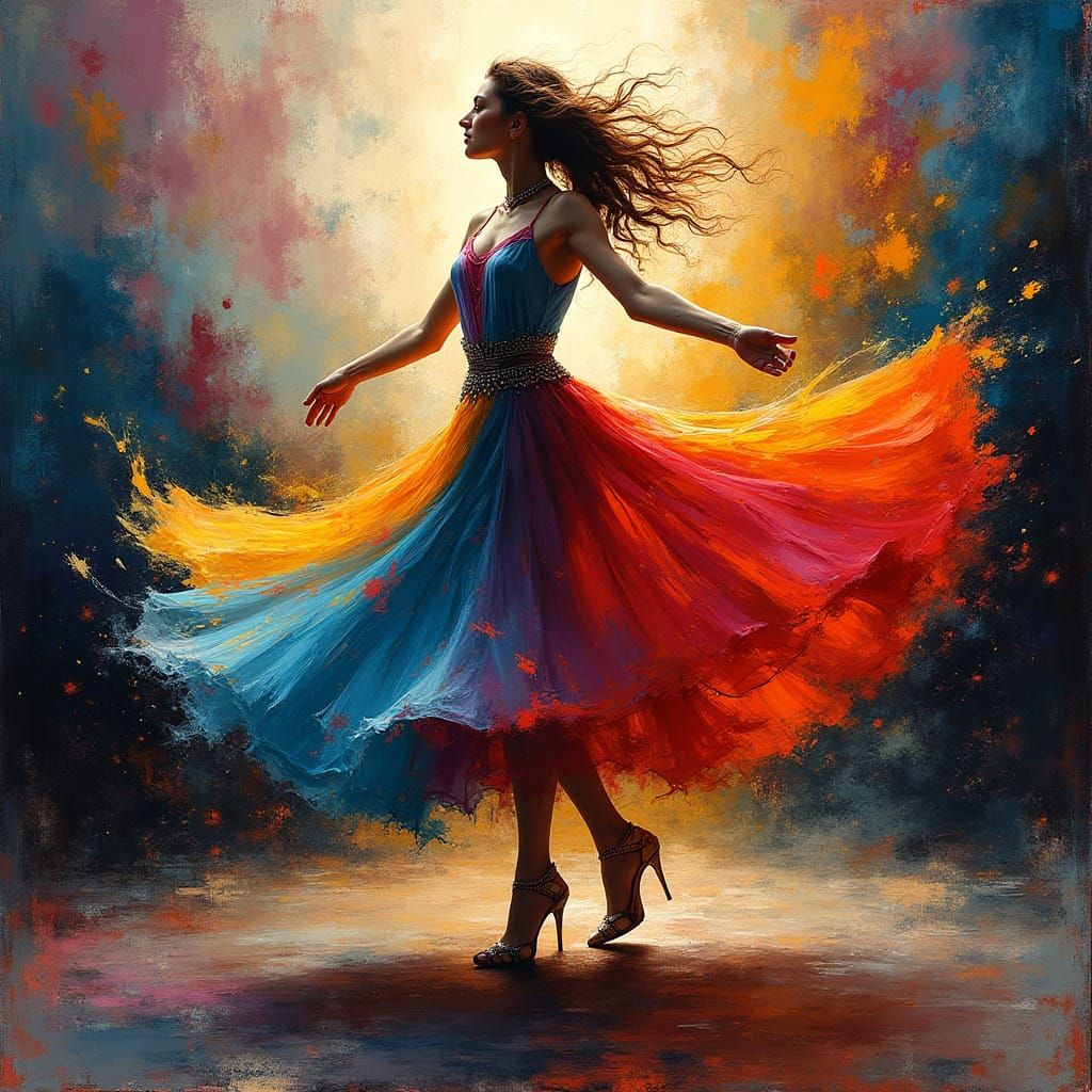 Showgirl Dancer in Motion Amidst Abstract Art