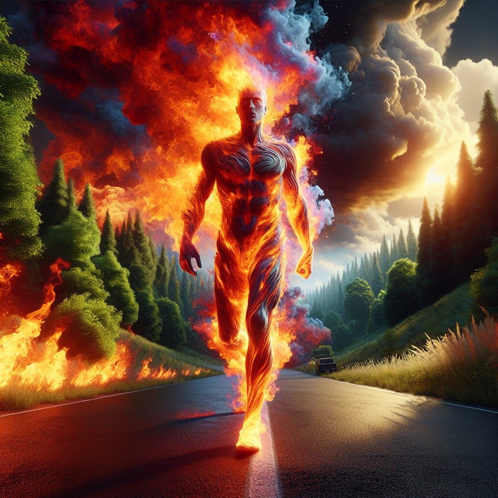 Flaming Figure Walks to Forest, Dramatic Concept Art