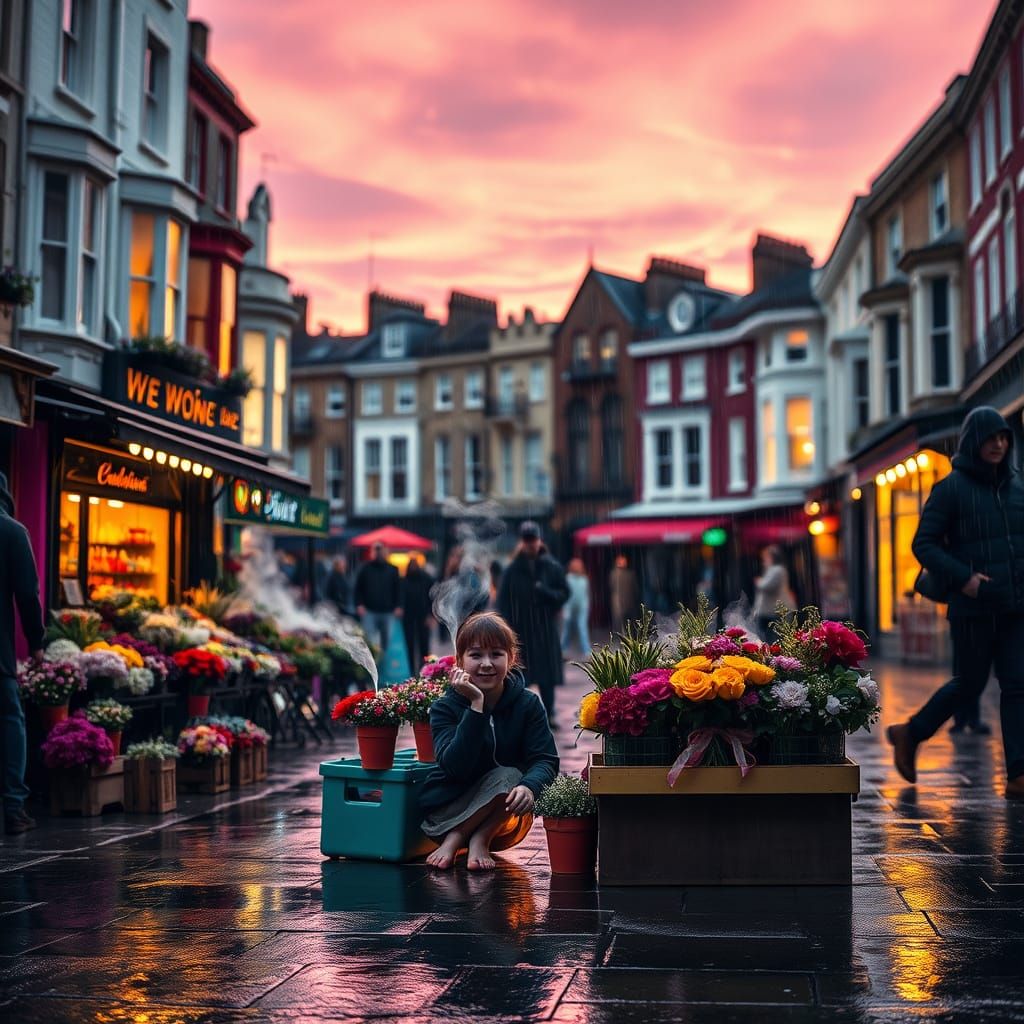 Rainy London Street with Flower Stall in Golden Light