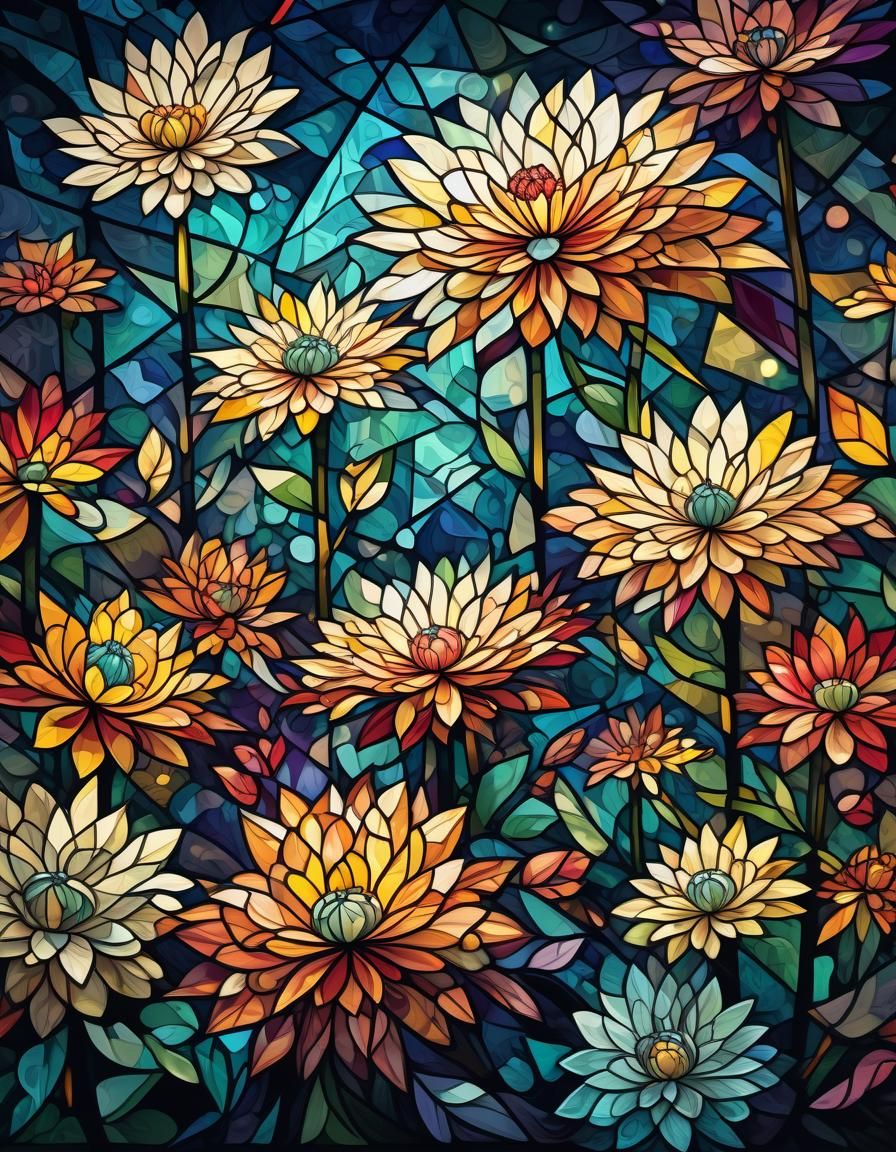 Floral Stained Glass in Cubist Art Deco Style