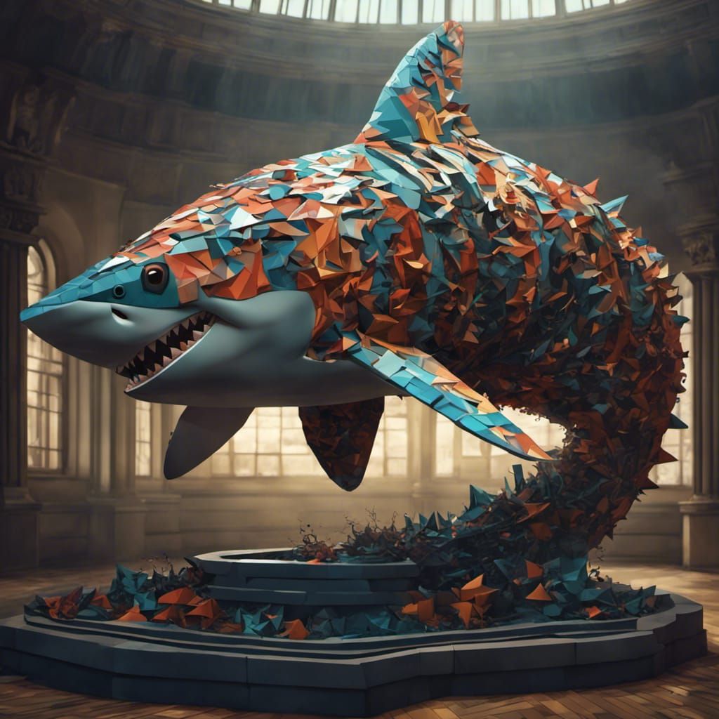 Cubist Shark Statue in Geometric Fauvism Style