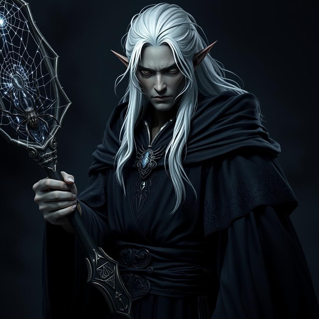 Mystical Drow Wizard with Spider Staff: Anime Art