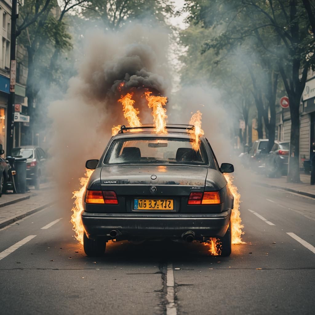 Car with Flames from Exhausts: Powerful Rear View