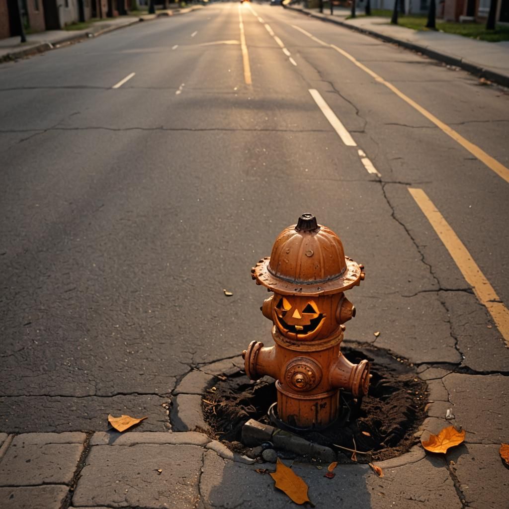 Surreal Fire Hydrant Jack-O'-Lantern in Deserted Street