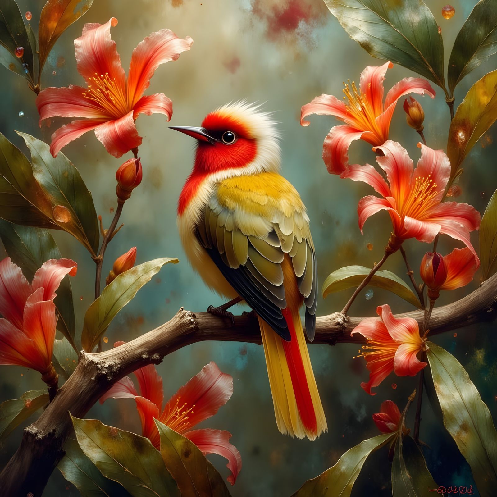 Scarlet Bird Among Red Flowers in Dreamscape