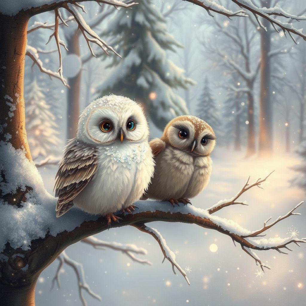 Enchanted Winter Owls in Impressionist Style