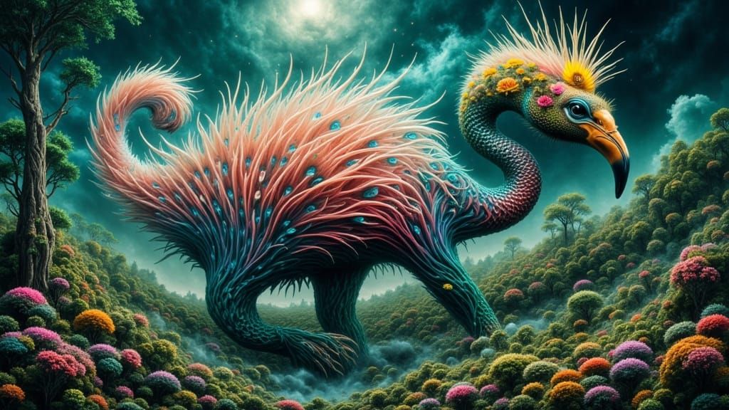 Ethereal Flamingo Armadillo Peacock Hybrid in Surreal Swamp
