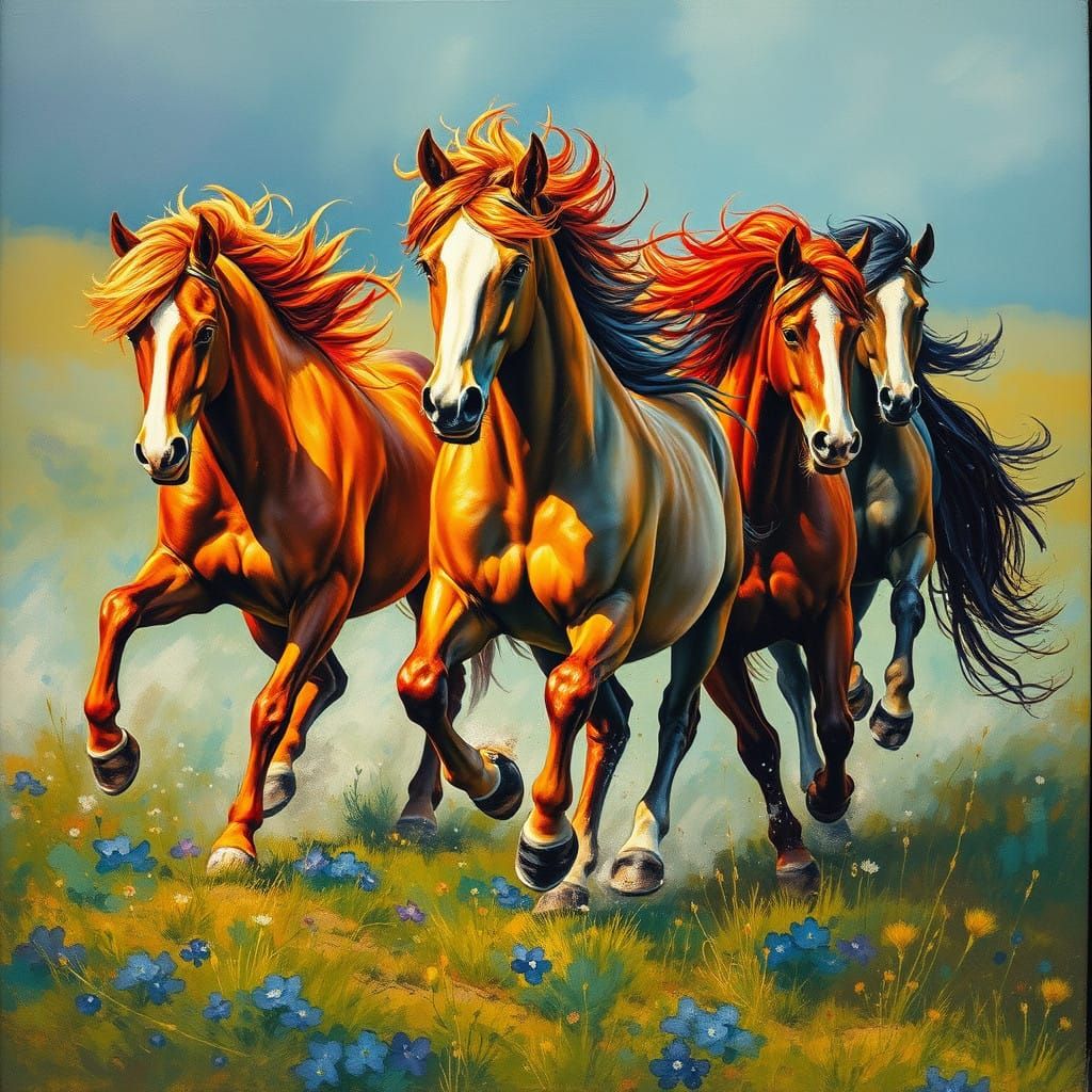 Gouache Style Wild Horses in Lush Landscape