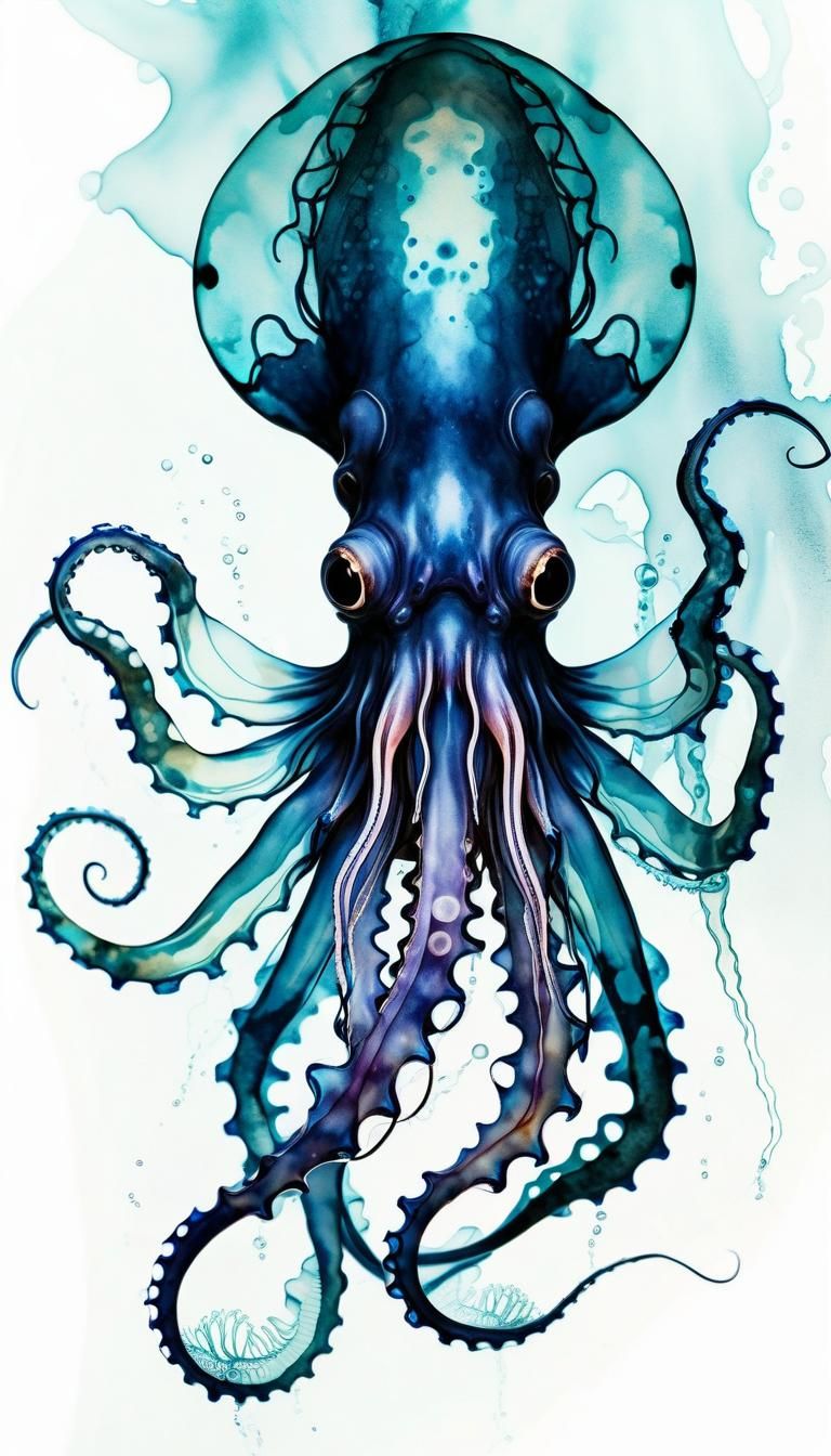 Dramatic Abyssal Squid Double Exposure Painting