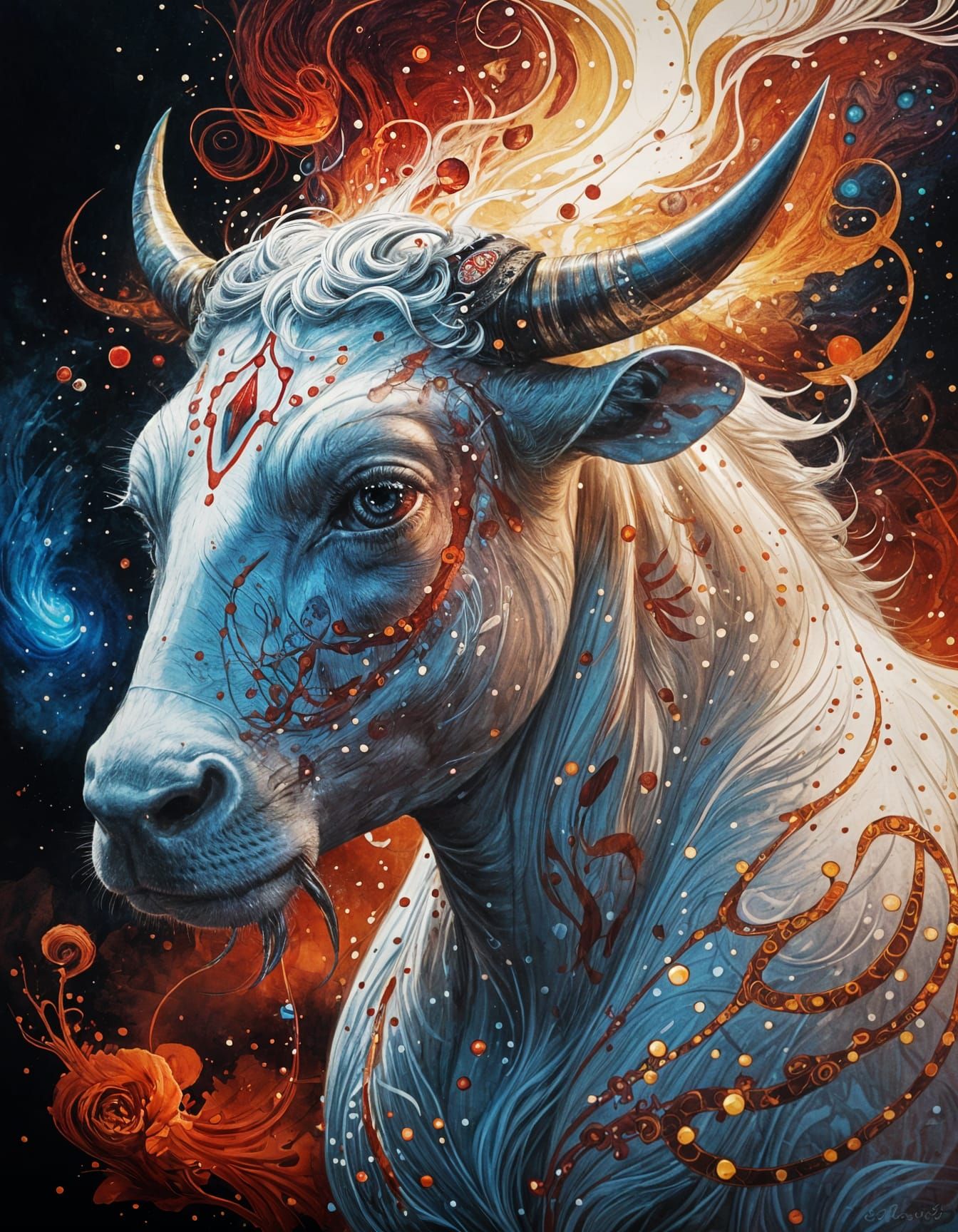 Mystical White Taurus Ink Sketch Seascape