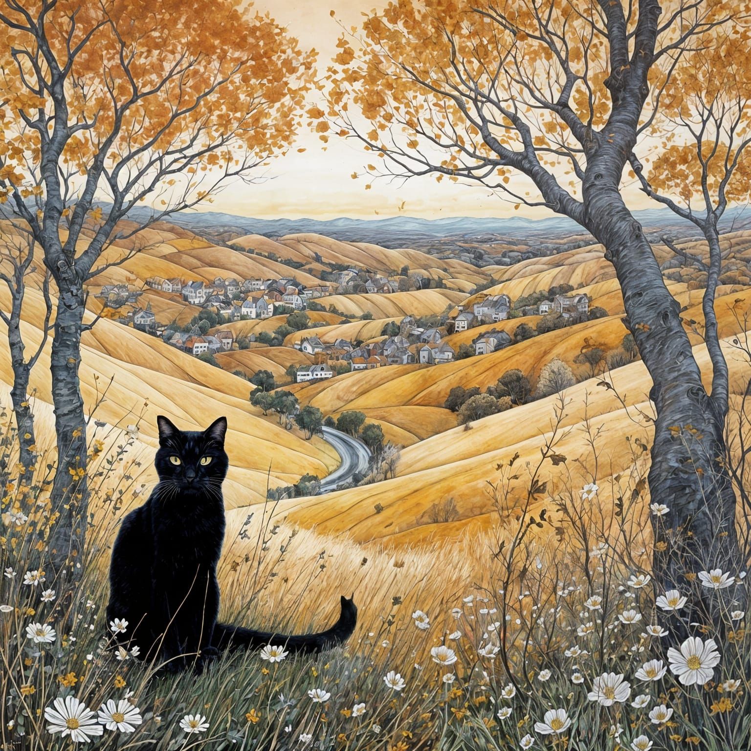 Black Cat with Sparkling Eyes on Windy Hill