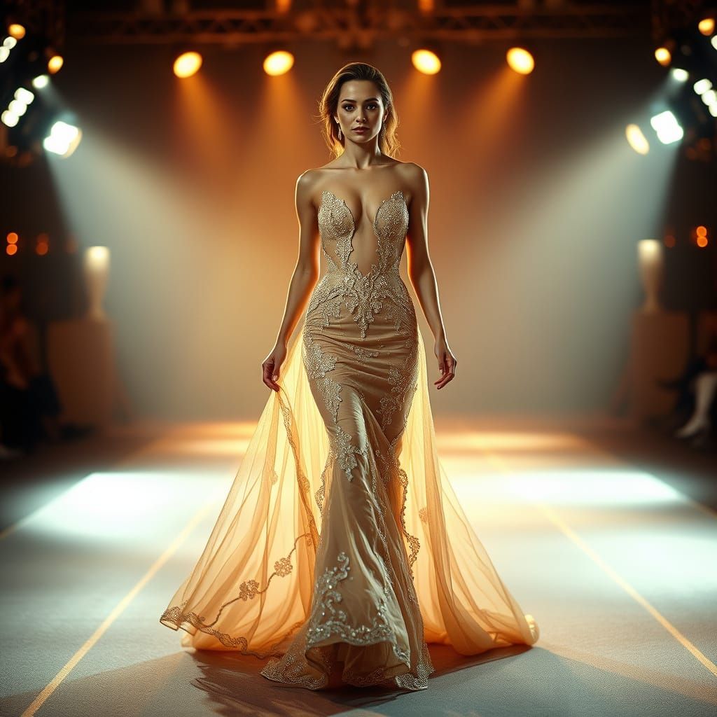 Elegant Woman Strides Down Haute Couture Catwalk in Cinemati...