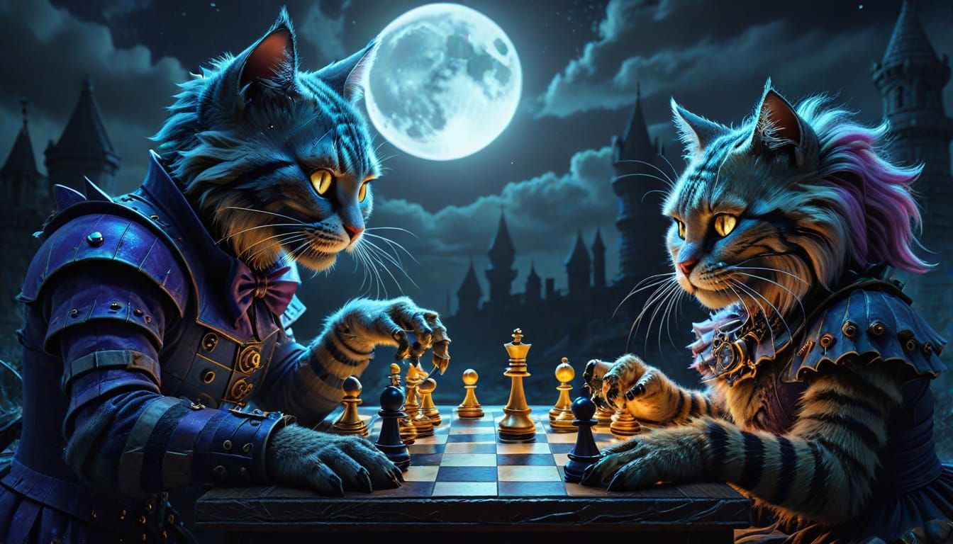 Alice and Cheshire Cat Play Chess: Surreal Digital Painting