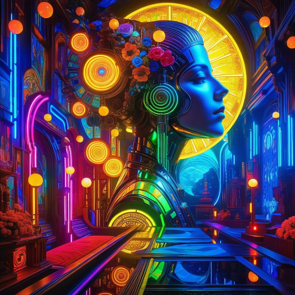 Neon Art Nouveau in a Cyberpunk Wonderland