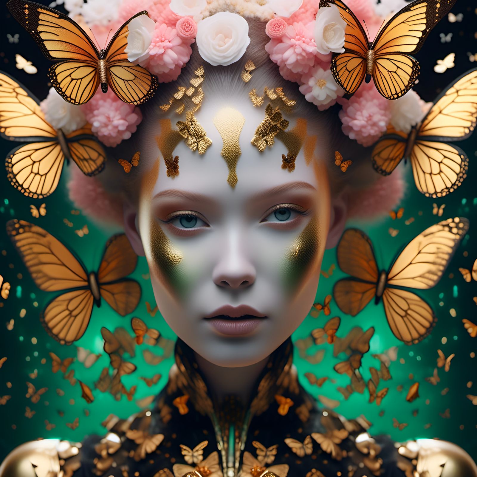 Ethereal Android Portrait with Golden Butterflies