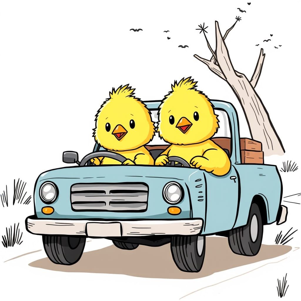 Giant Baby Chicks Drive Pickup Truck in Cartoon Style