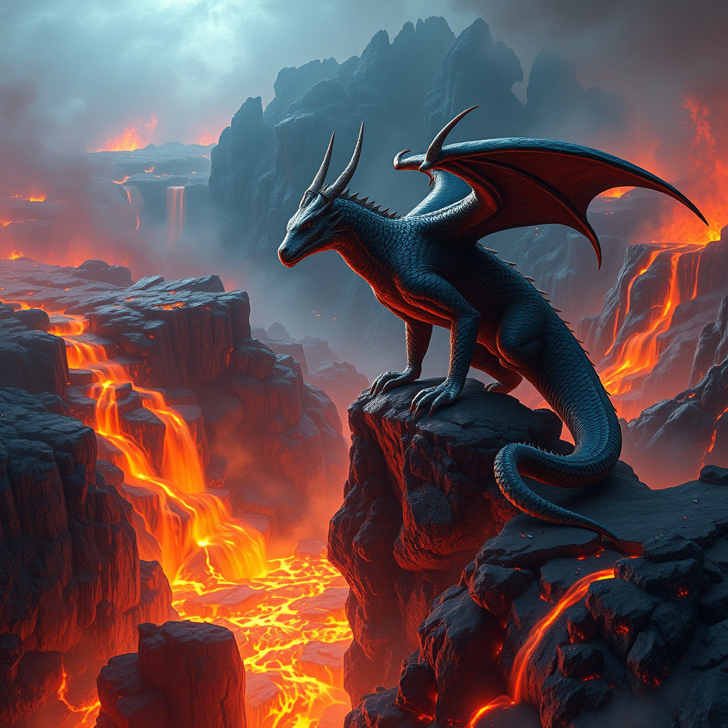 Wingless Dragons in Volcanic Landscape: Fantasy Art