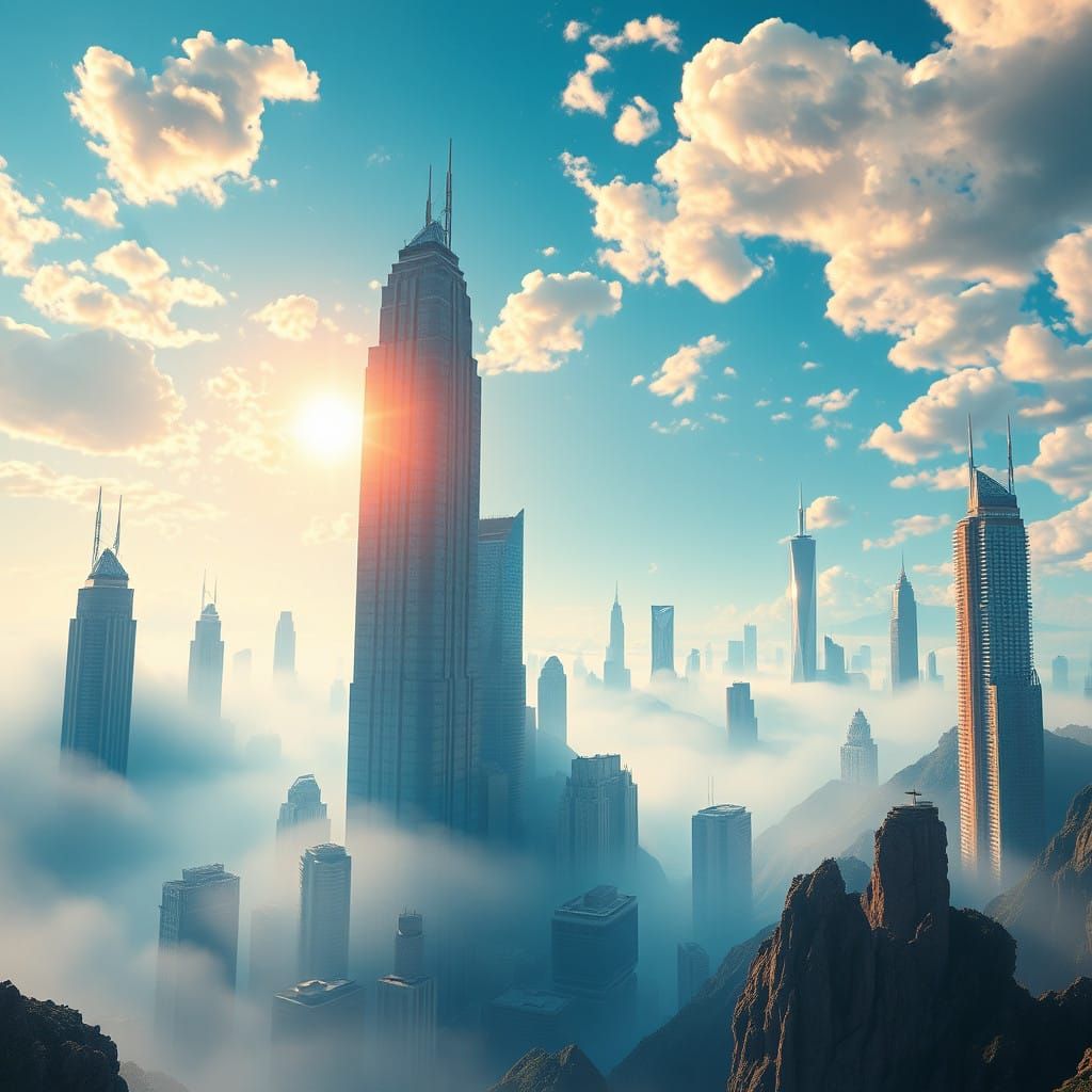 Surreal Cityscape in Vibrant, Electric Blue Skies