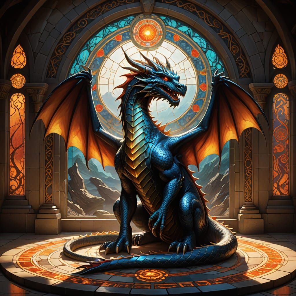 Imagine a majestic stained glass window depicting a powerful...