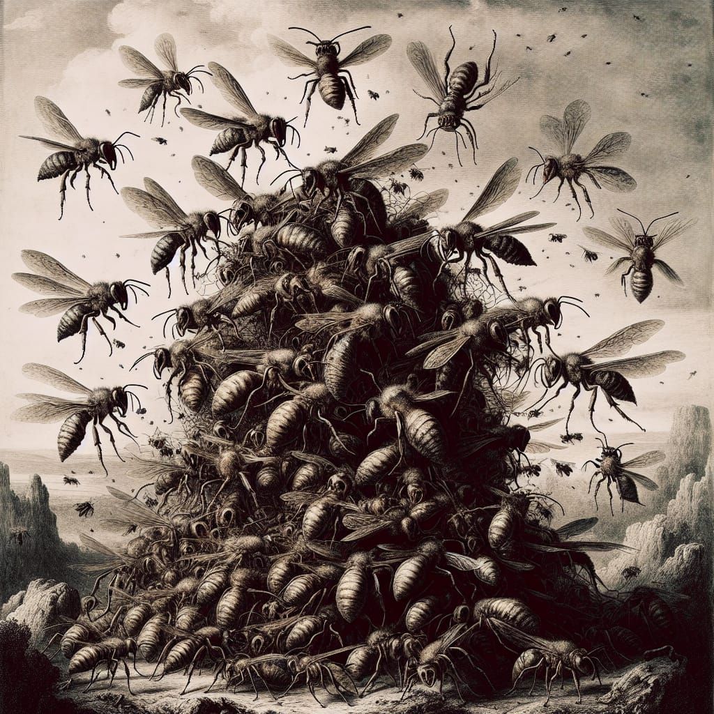 Horrific Wasp Swarm in Digital Romantic Style
