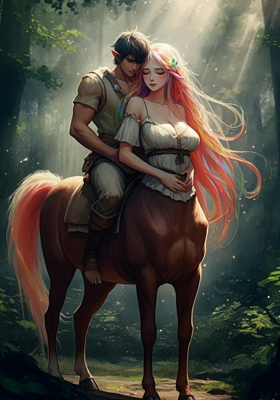 Centaur Embrace in Forest, Digital Art Masterpiece