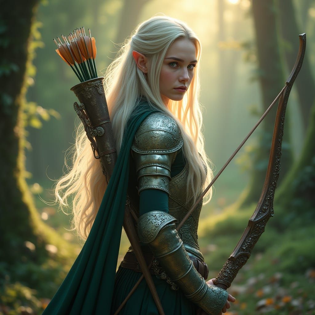 Enchanted Elf Archer in Ethereal Forest, Fantasy Art
