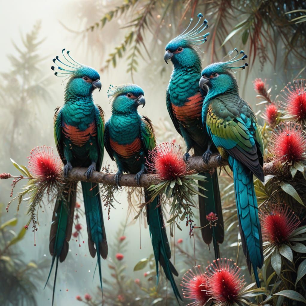 Ethereal Quetzal Family on Bottlebrush Bush: Oil Painting
