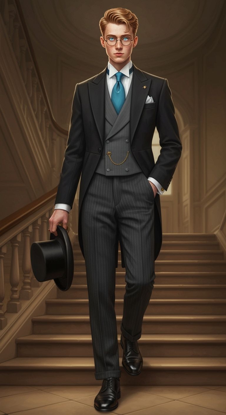 Elegant Man Descending Staircase in Alasdair Gray Style