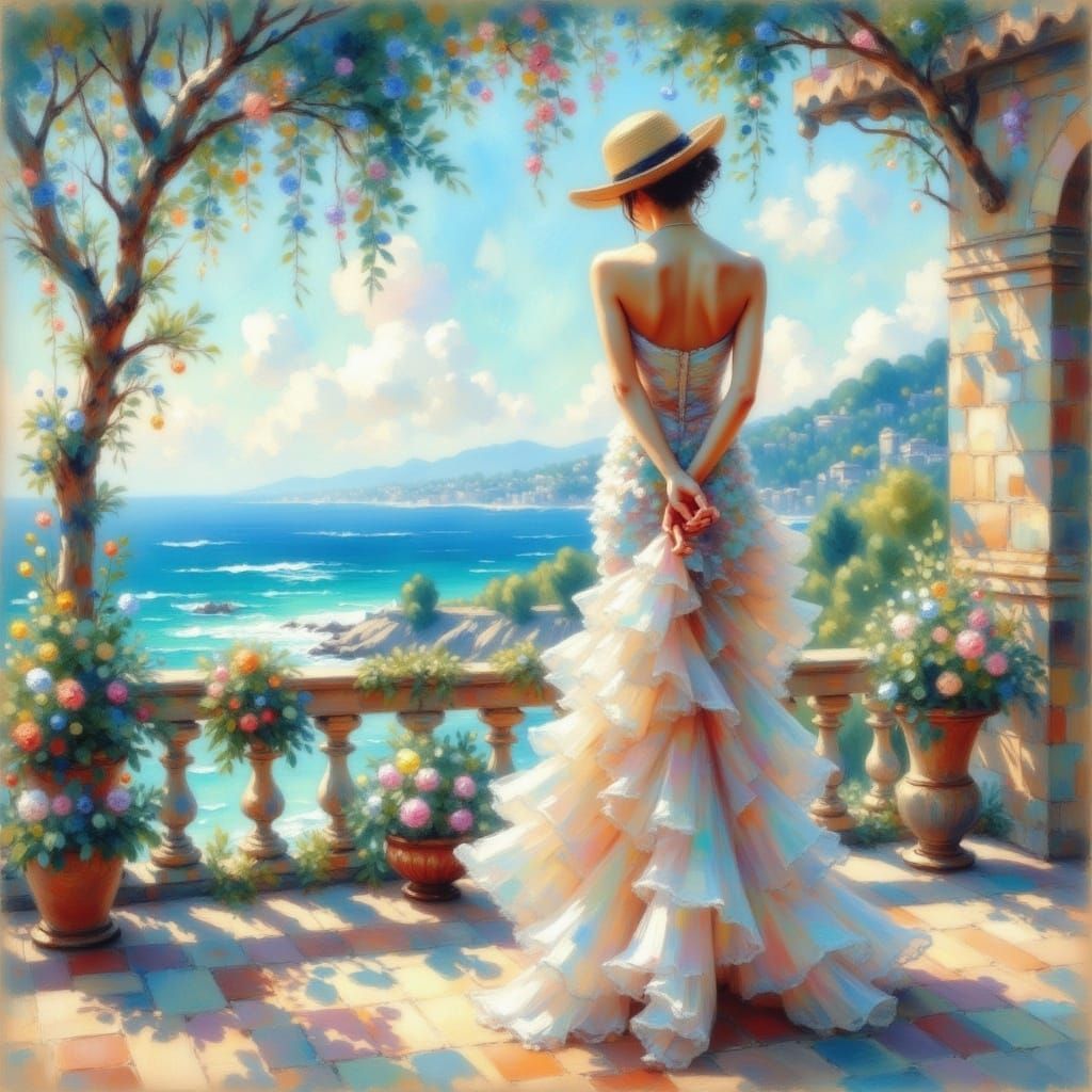 Woman on Balcony Overlooking Sea in Ethereal Watercolor Styl...