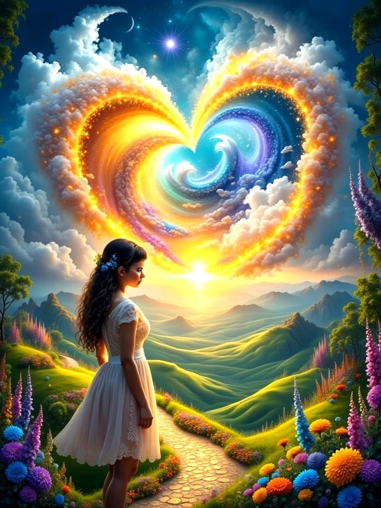 Ethereal Fantasy Realm Unfolds from a Glowing Heart Portal