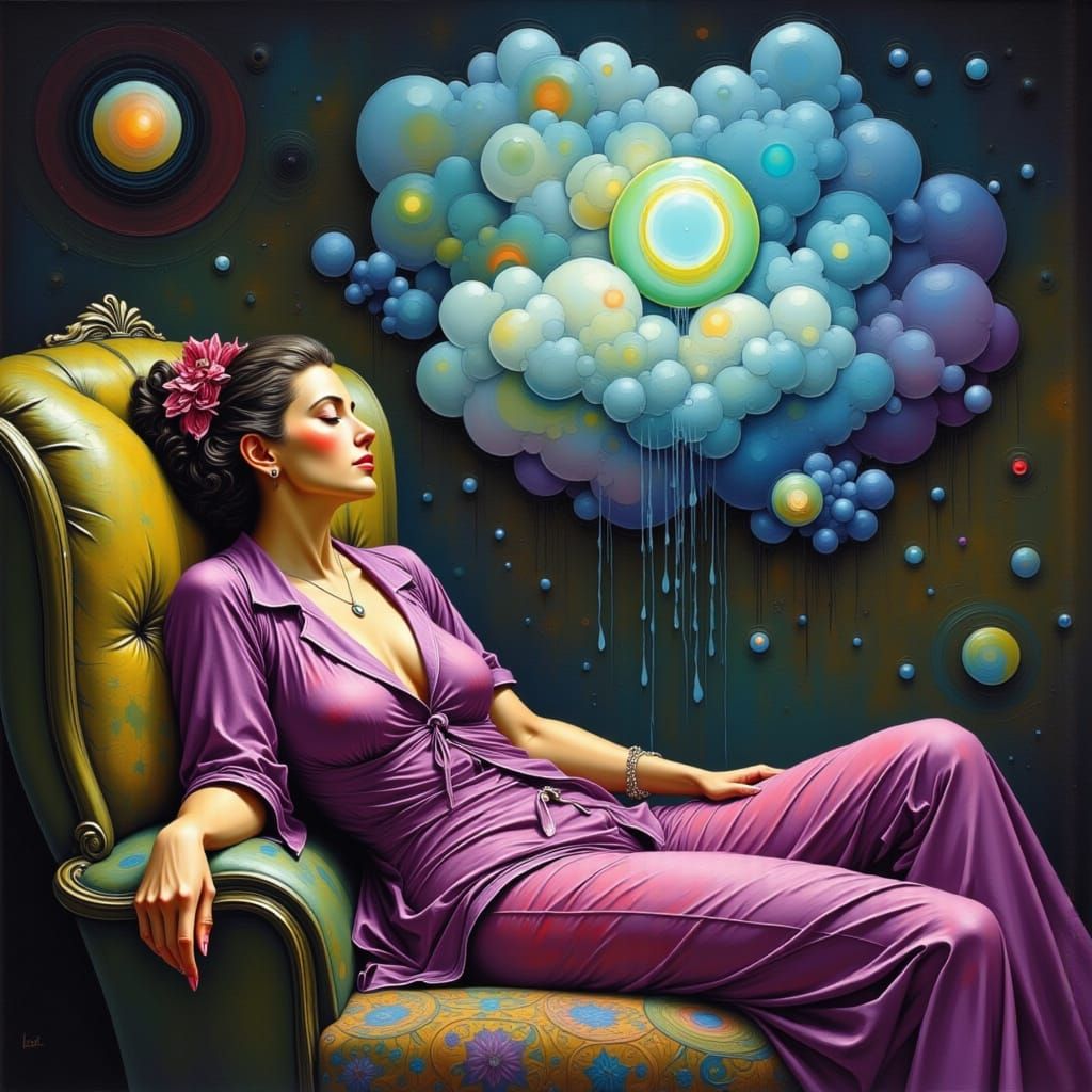 Dreaming Woman with Surreal Thought Bubble
