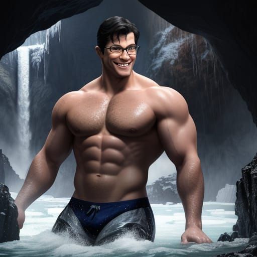 Cute beefcake Clark Kent with glasses, wearing a bathing sui...