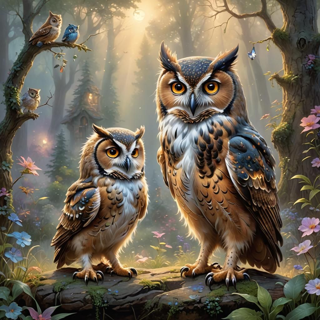 Magical Owl and Dog in Ethereal Fantasy