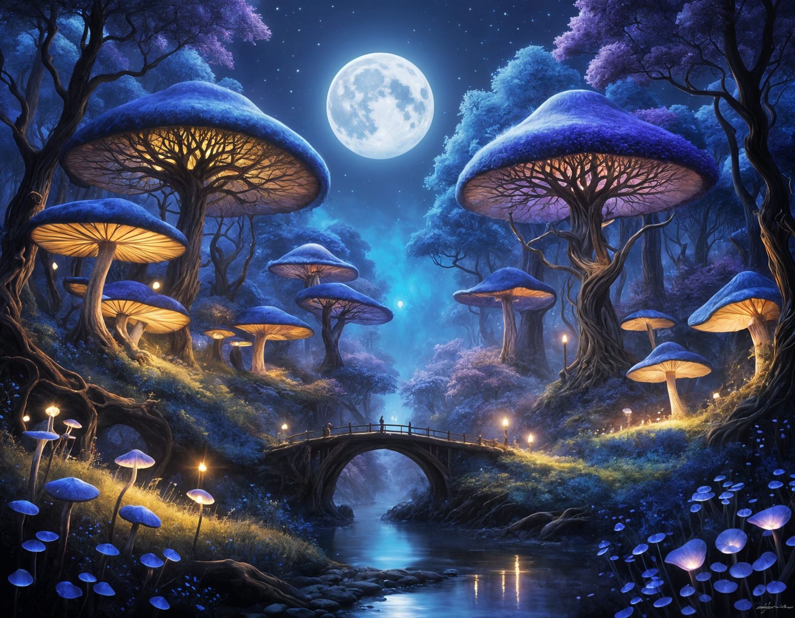 Surreal Forest Scene Under Ethereal Moonlight