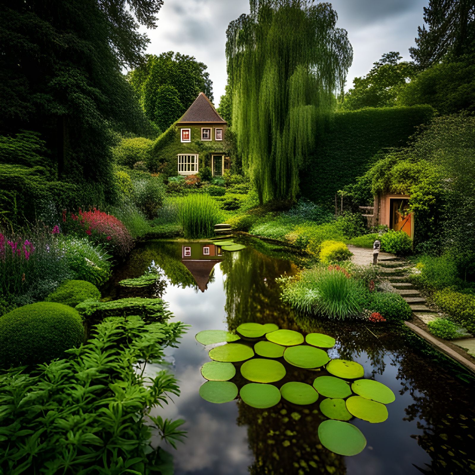 Lush Garden with Alien Figure in Surreal Style