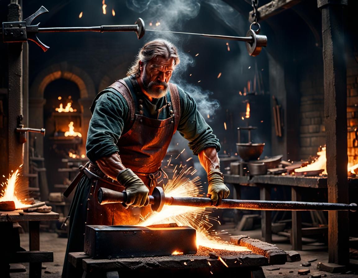 Epic Blacksmith Forging Metal Bar with Hammer