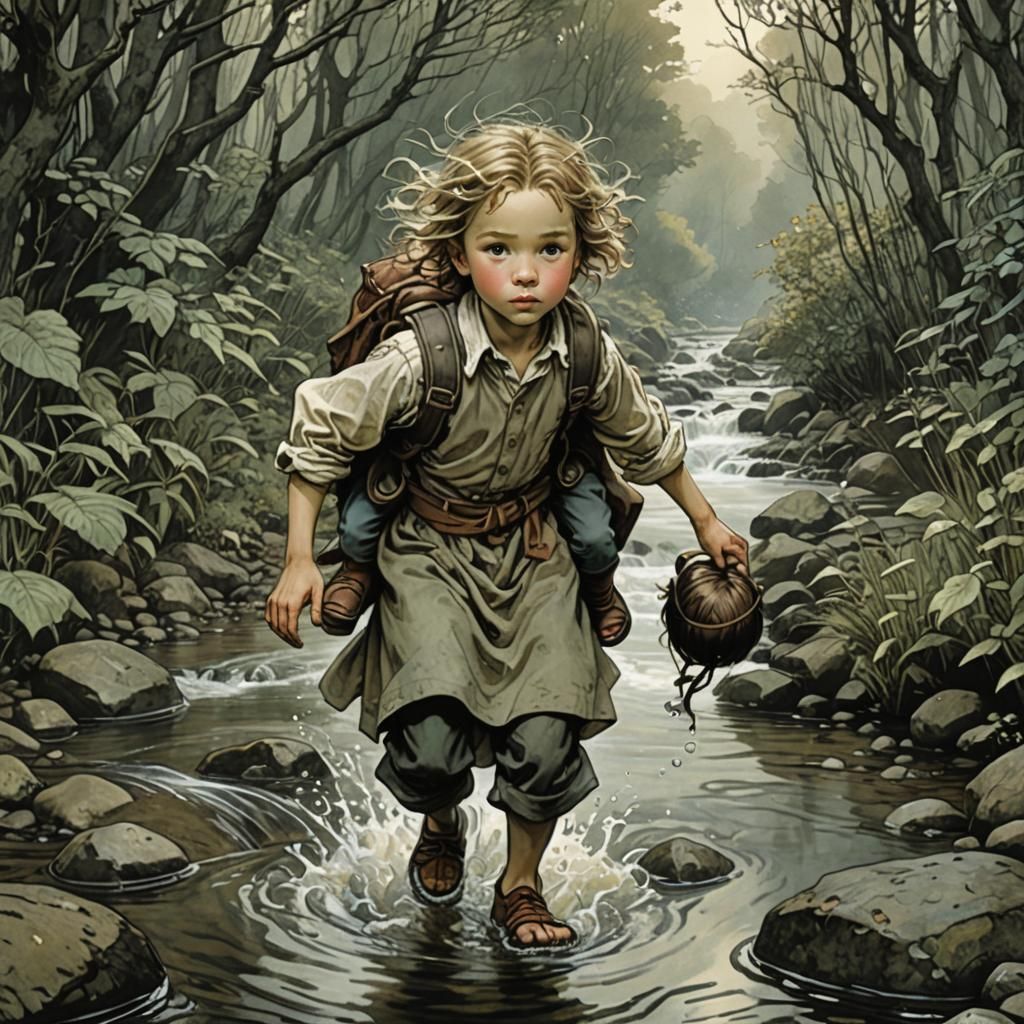 Brother and Sister in Stream, Illustrated Style