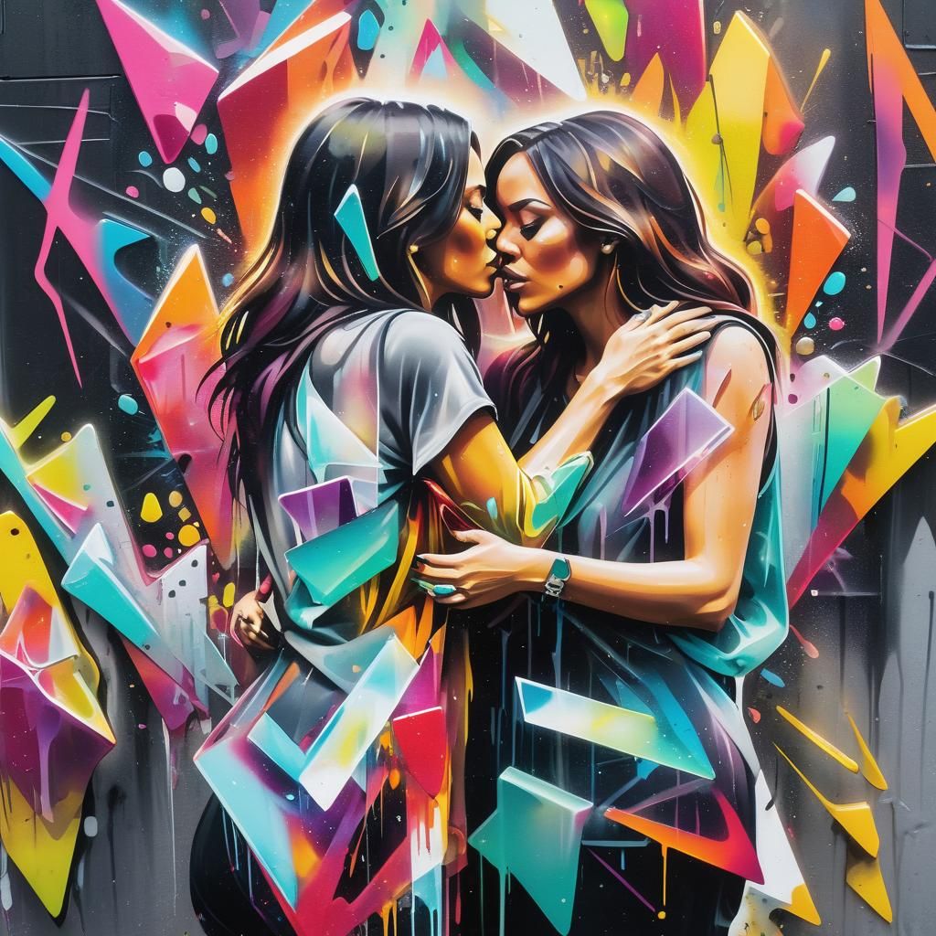Graffiti Art: Women Hugging in Glass Shards