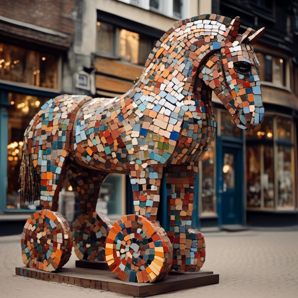 Mosaic Trojan Horse: A Vibrant Ceramic Tile Sculpture