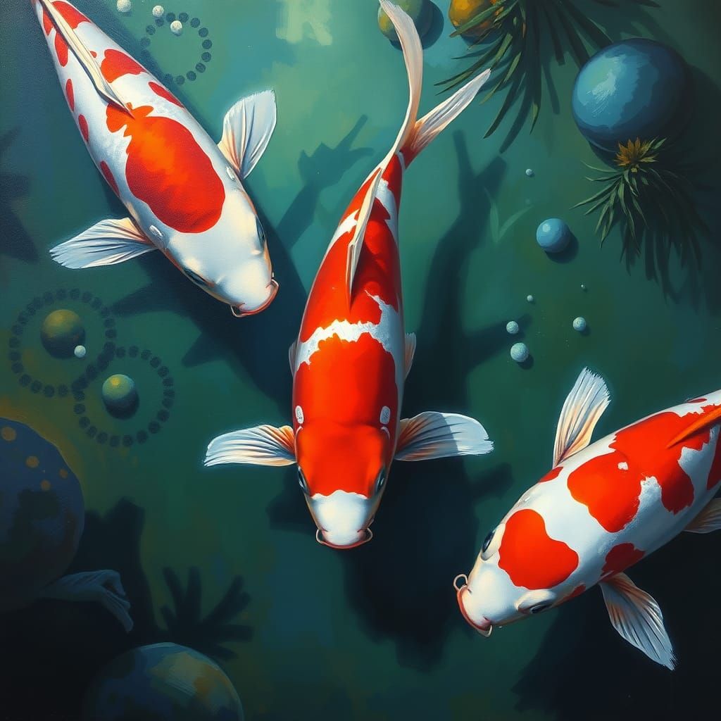 Realistic Koi Fish in Japanese Pond Oil Painting