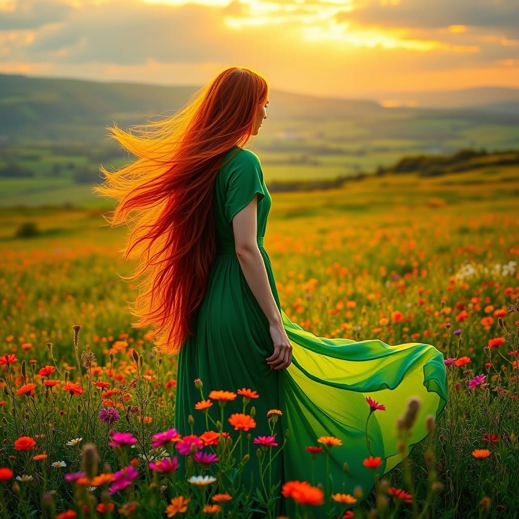 Irish Woman in Wildflower Field at Dawn