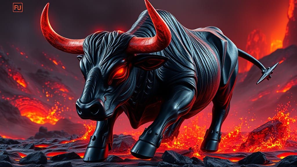 Hyperrealistic Obsidian Glass Bull Charges Forward with Fier...
