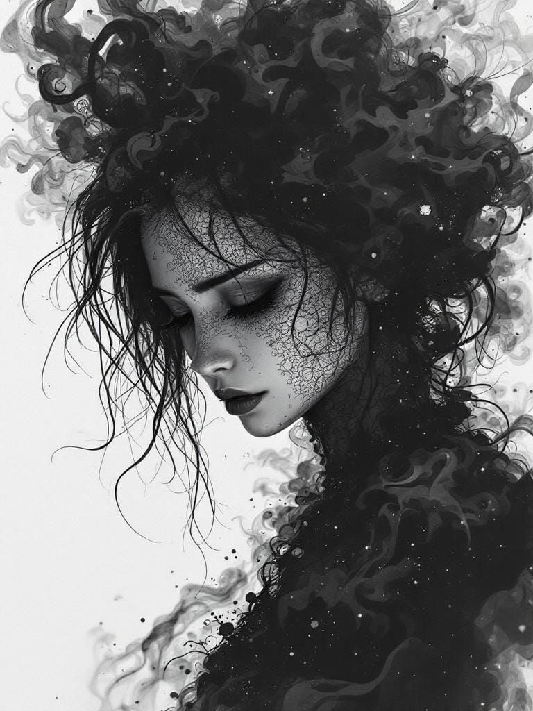 Intricate Ink Portrait of Depressed Woman in Anime Style