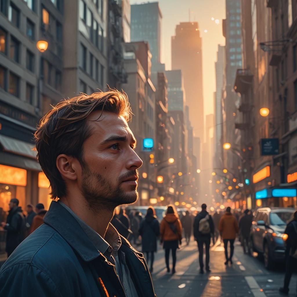 Man Searching in City at Sunrise: Surreal Art